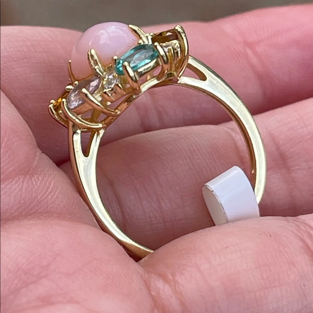 18k Gold Plated over 925 Sterling Silver Pink Opal & Tourmaline Ring Size 7.5